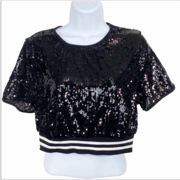 K TOO sequins crop top L black - Picture 1 of 10